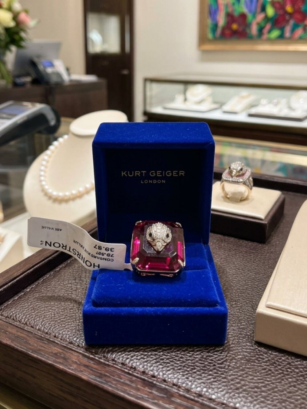 Kurt Geiger London Crystal Silver Cocktail Ring Pink with Eagle Head Size 9 NWT